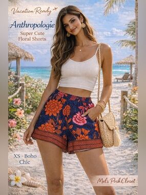 Anthropologie Navy Floral Shorts with Orange and Pink Blooms